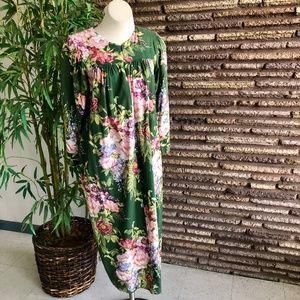 LA Intimates Vintage Green Floral Front Zip Caftan Housedress Robe Small